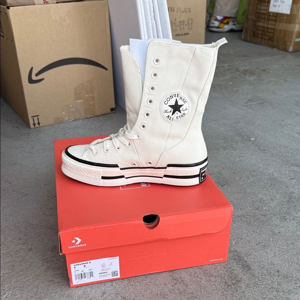 Converse High-Top Canvas Platform Sneakers in Cream with Black Trim